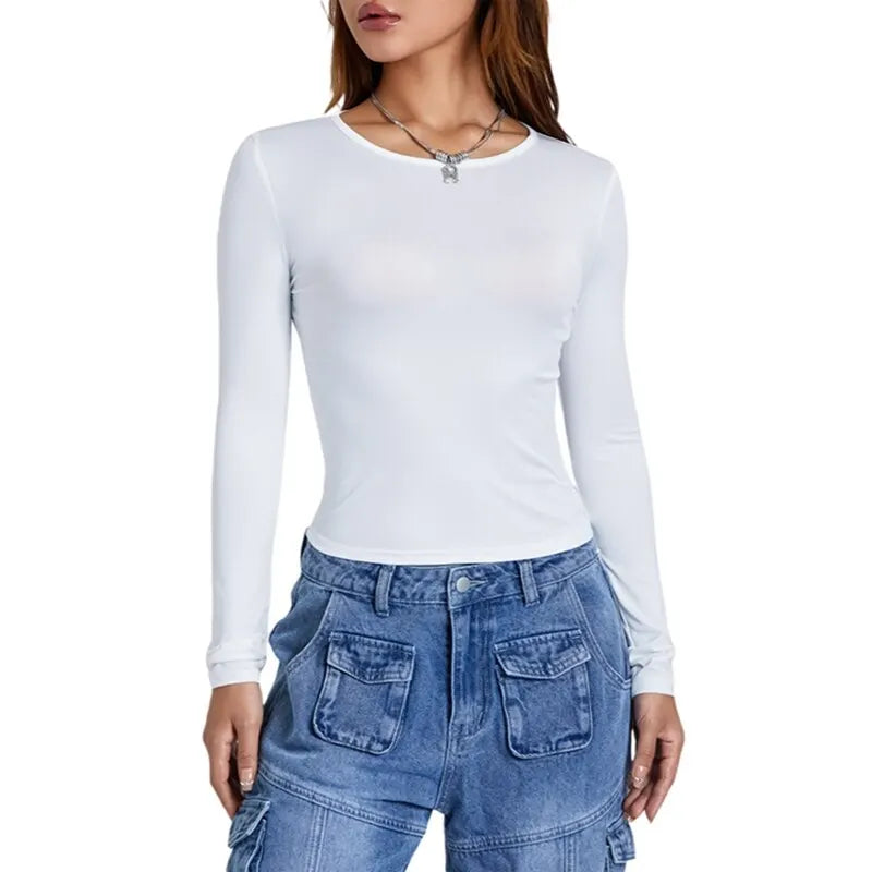 Women Autumn Slim Cropped Tops Solid Color Round Neck Long Sleeve ShowSPECIFICATIONSPattern Them: Classic StyleSleeve Style: regularSleeve Length(cm): shortBrand Name: otherPattern Type: SolidItem Type: topsCollar: O-NeckClothing Lengt