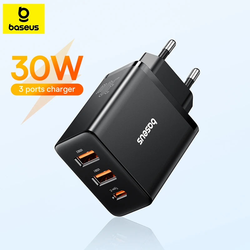 Baseus 30W USB Charger QC3.0 PD3.0 Type C PD Fast Charging 3 Ports Quick Phone Charger For iPhone 15 14 13Pro Max Xiaomi Samsung